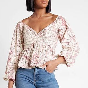 BNWT Express White & Pink Printed Off The Shoulder Twist Front Peplum Top XL